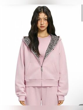 Women’s Pink Zip Hoodie with Leopard-Print Hood Lining